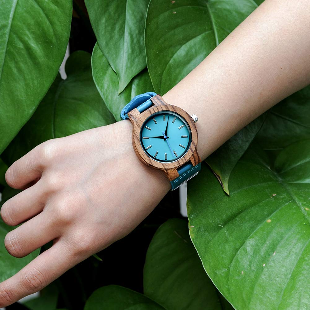 BOBO BIRD Bamboo Wooden Watch for Men & Women - Blue Cowhide Leather Strap Casual Wristwatch - Perfect Gift for Anniversary & Couples - Ideal for Everyday Wear, Office & Outdoor Activities