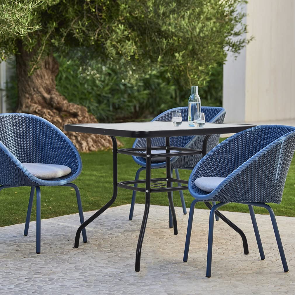 FDW Bistro 36-inch Outdoor Patio Dining Table with Tempered Glass Top & Umbrella Hole - Square Black Metal Frame for Garden, Balcony, Backyard - Perfect for Outdoor Entertaining & BBQ Gatherings
