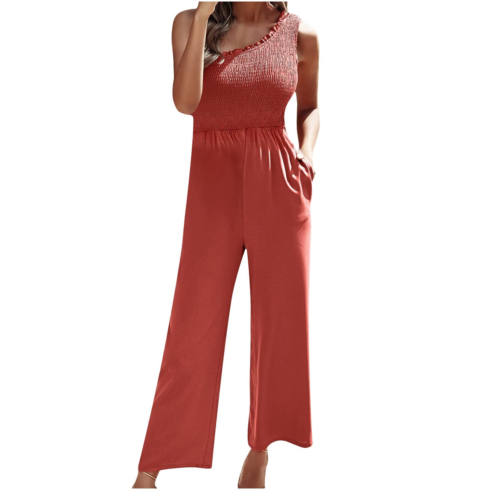 Posijego Women's One Shoulder Pleated Ruched Jumpsuit - Sleeveless Strap Coverall for Summer Beach Party & Night Out