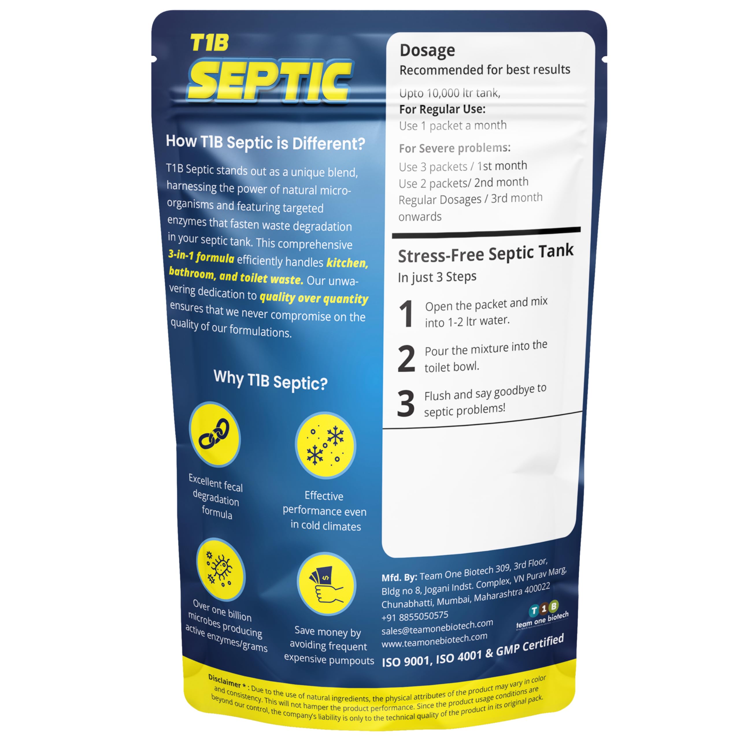 T1B Septic Tank Cleaner - 3-in-1 Formula for Kitchen, Bathroom & Toilet Waste Degradation | Reduces Sludge & Eliminates Odors | Septic Safe Bacteria Prevents Backflow & Overflow | 250g Pack (1 Count) | Ideal for Home, RV & Camping Septic Systems