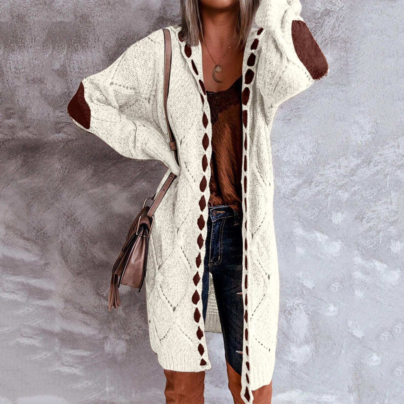 Women's Long Chunky Cardigan - Lightweight Knit Sweater with Hood & Elbow Patches | Cozy Fall Layering, Office Wear & Casual Outfits