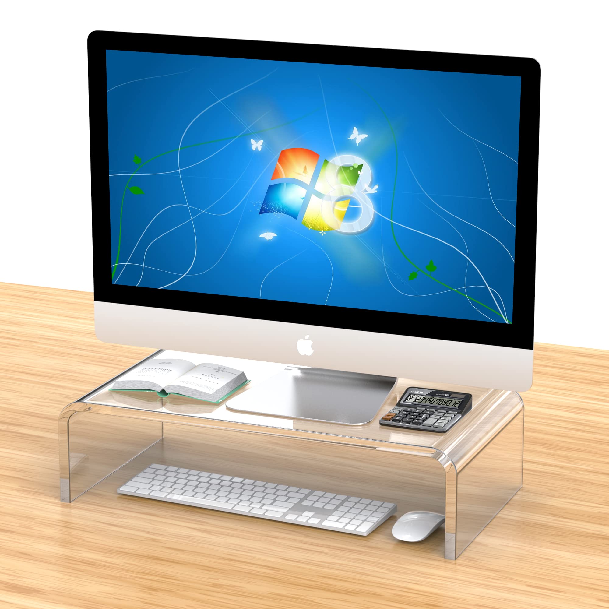 Clear Acrylic Monitor Stand Riser & Laptop Stand - White Aesthetic Desk Organizer for Computer, iMac & Office Accessories - Perfect for Home Office Setup & Workspace Decor