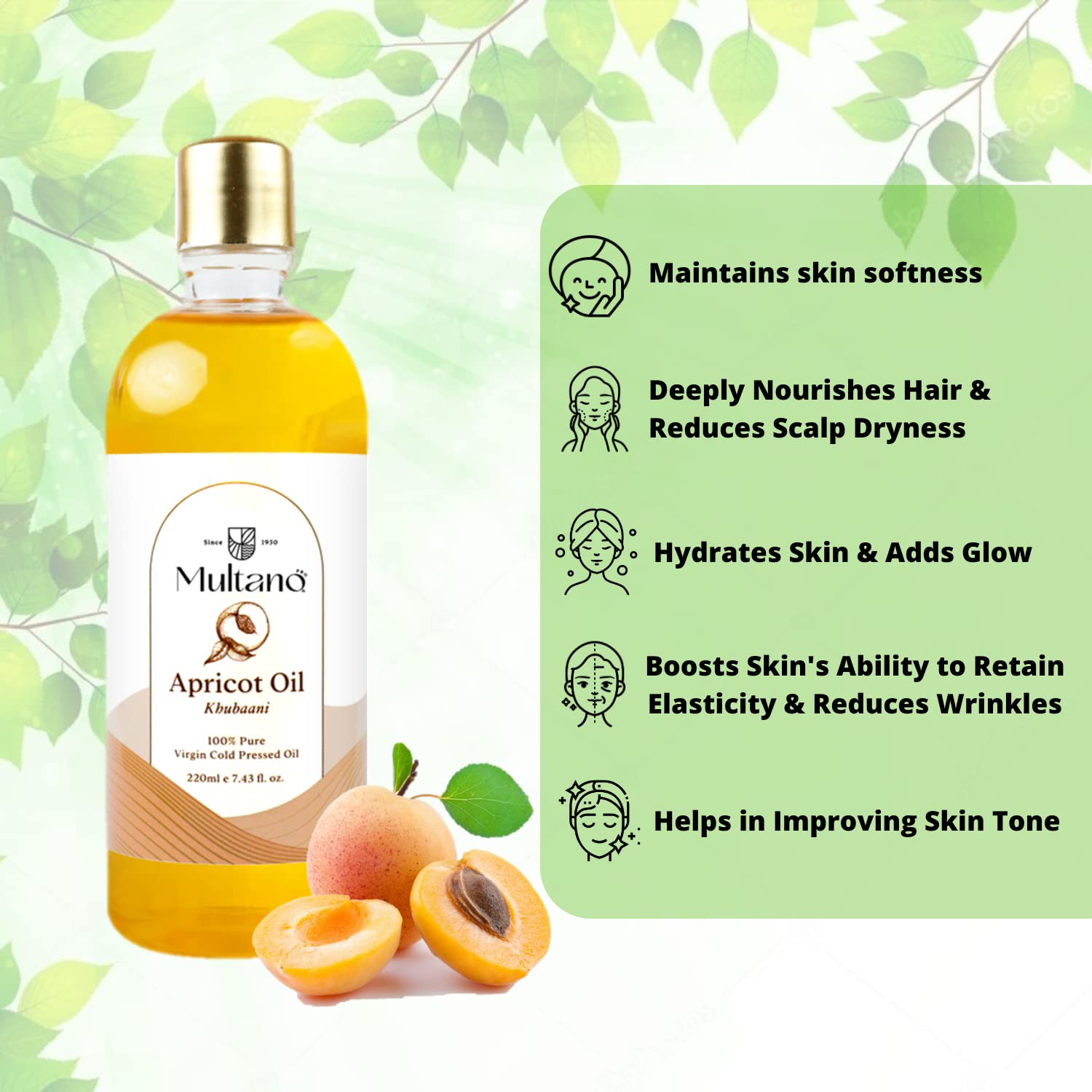 Pure Cold Pressed Apricot Kernel Oil 50ml - Natural Moisturizer for Skin, Hair & Nails | Reduces Dark Circles, Promotes Hair Growth | Aromatherapy Carrier Oil for Face & Body Care | Perfect for Massage, DIY Beauty & Spa Treatments