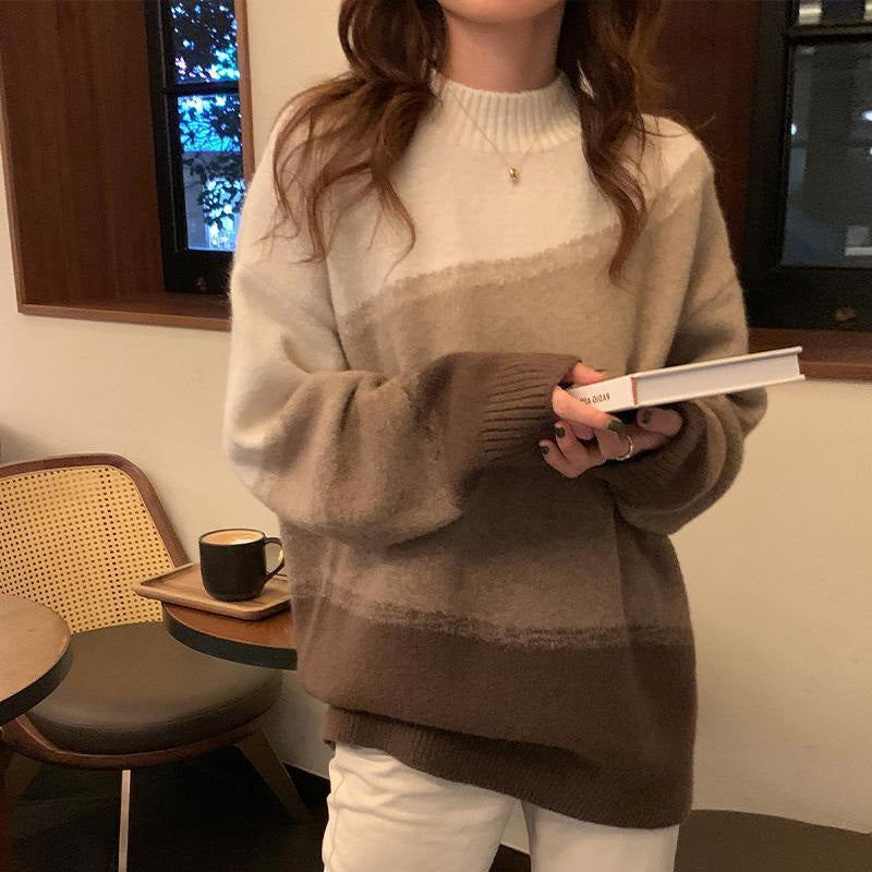 Gradient Color Autumn Winter Sweater - Loose Fit Casual Knit Round Neck Pullover for Women | Cozy Layering for Fall & Winter Outfits