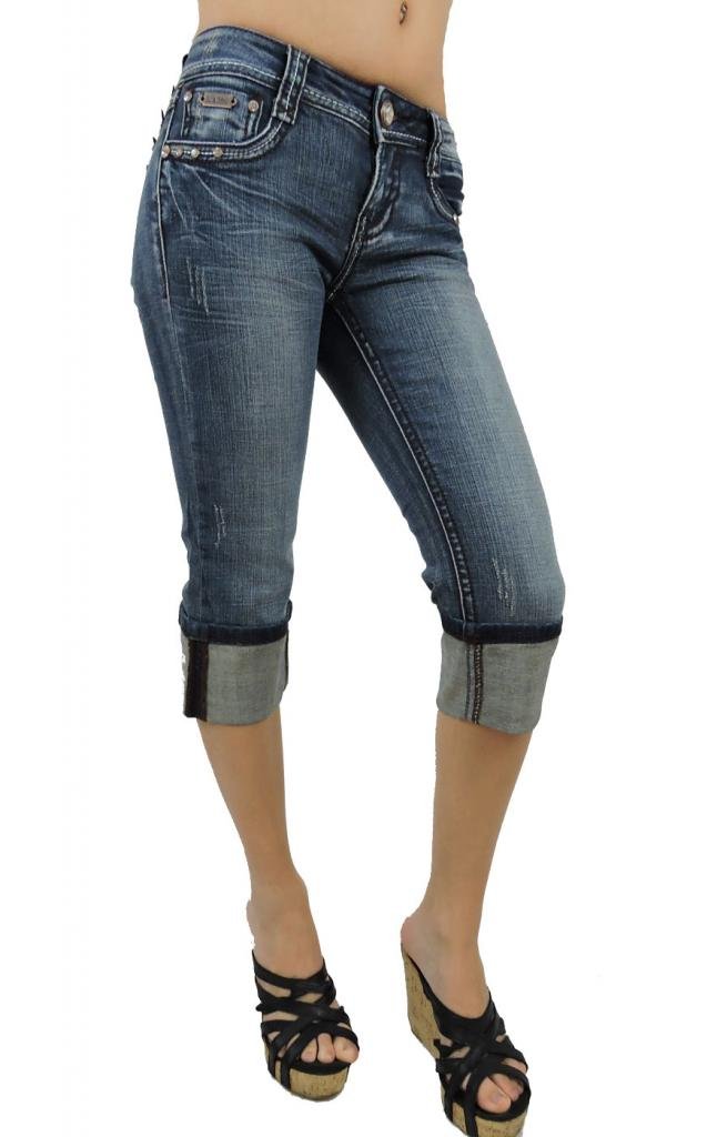 LA Idol Women's Capri Jeans with Angel Wing Crystal Embellishment - Vintage Blue Wash Stretch Denim for Casual Outfits & Summer Fashion