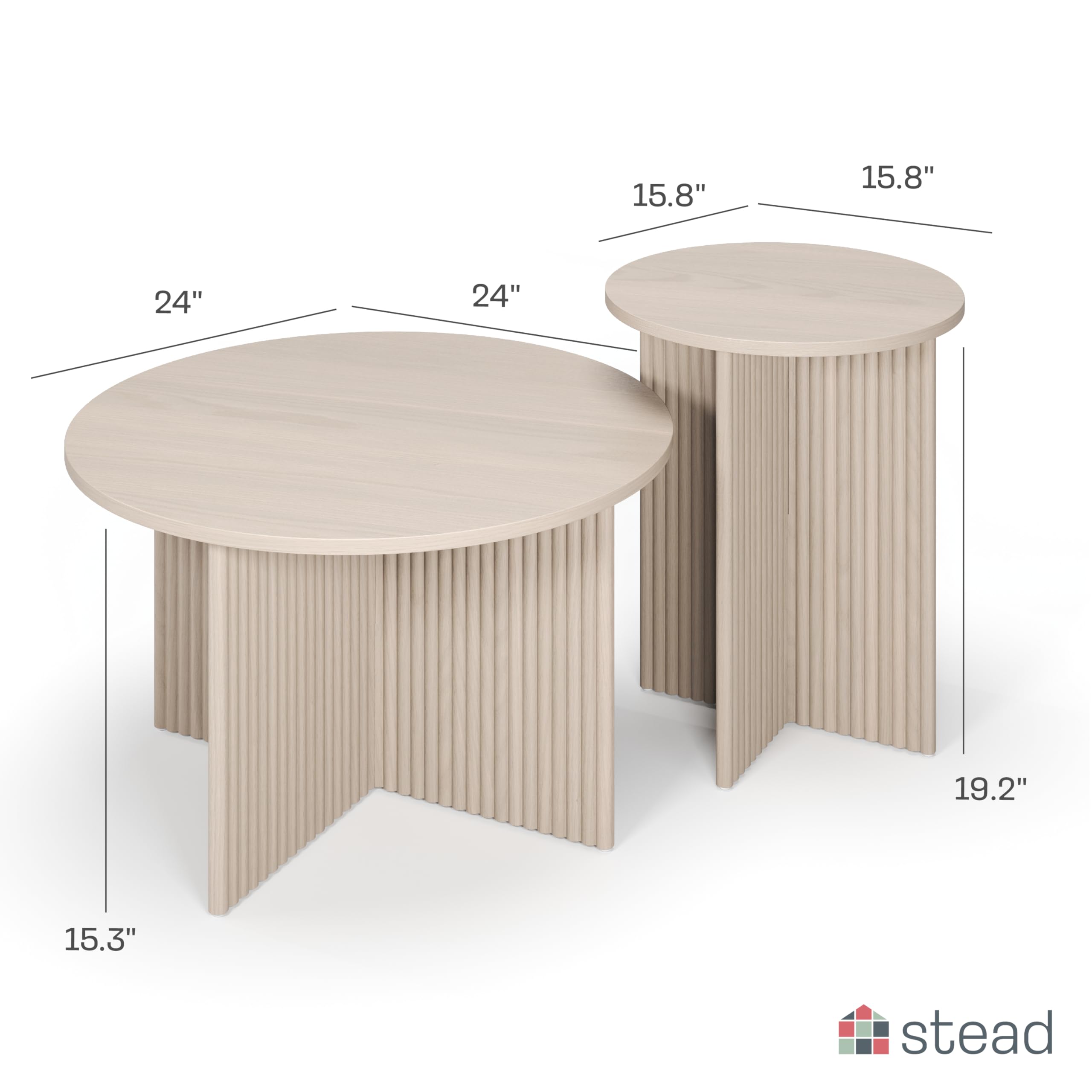 Round Fluted Nesting Coffee Table Set of 2 - Modern Solid Wood Base with Wood Grain Veneer Top in Weathered White - Stylish Living Room Furniture for Small Spaces & Home Decor - Perfect for Apartments, Lounges and Cozy Living Areas