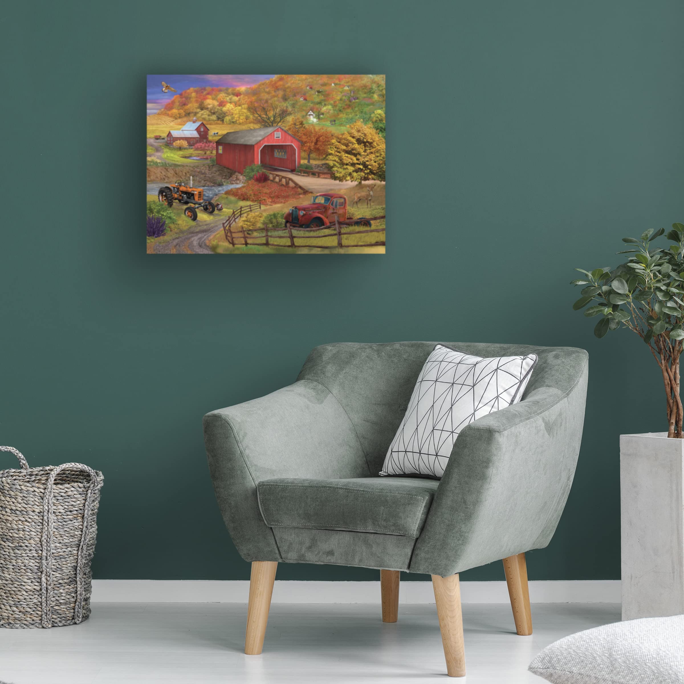 Trademark Fine Art 'Fall Bridge' Canvas Wall Art by Bigelow Illustrations - Autumn Landscape Painting for Living Room, Bedroom & Office Decor