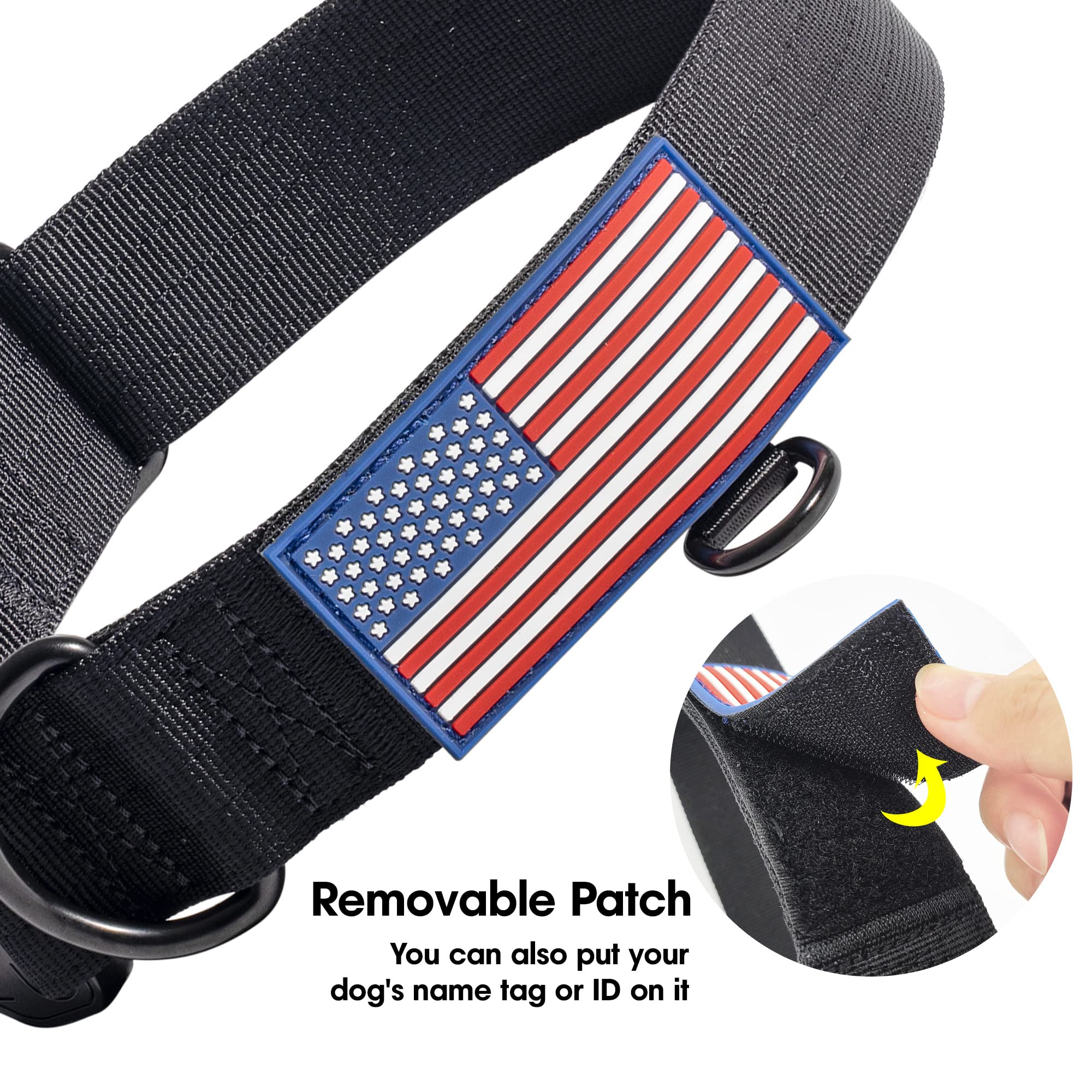 KCUCOP Heavy Duty Adjustable Tactical Military Dog Collar with Metal Buckle - Quick Release, 2 D-Rings & Flag Patch for Medium & Large Dogs - Perfect for Training, Hiking & Outdoor Adventures (Black, Medium)