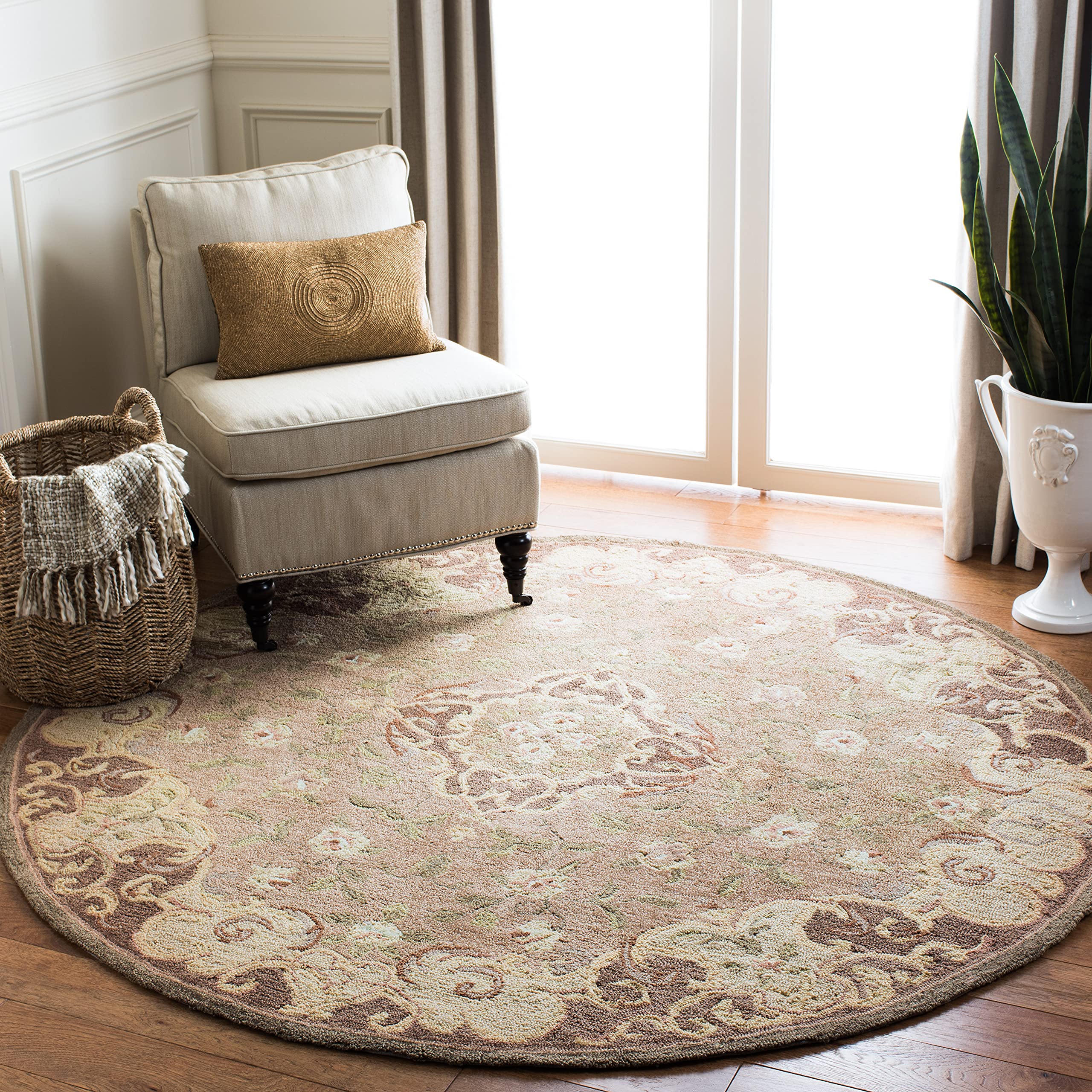 SAFAVIEH Easy Care Collection 8' Round Area Rug - Hand-Hooked French Country Design in Beige & Brown | Non-Shedding & Low Maintenance | Perfect for Living Room, Bedroom & High Traffic Areas | EZC434C | Home Decor & Flooring Essential