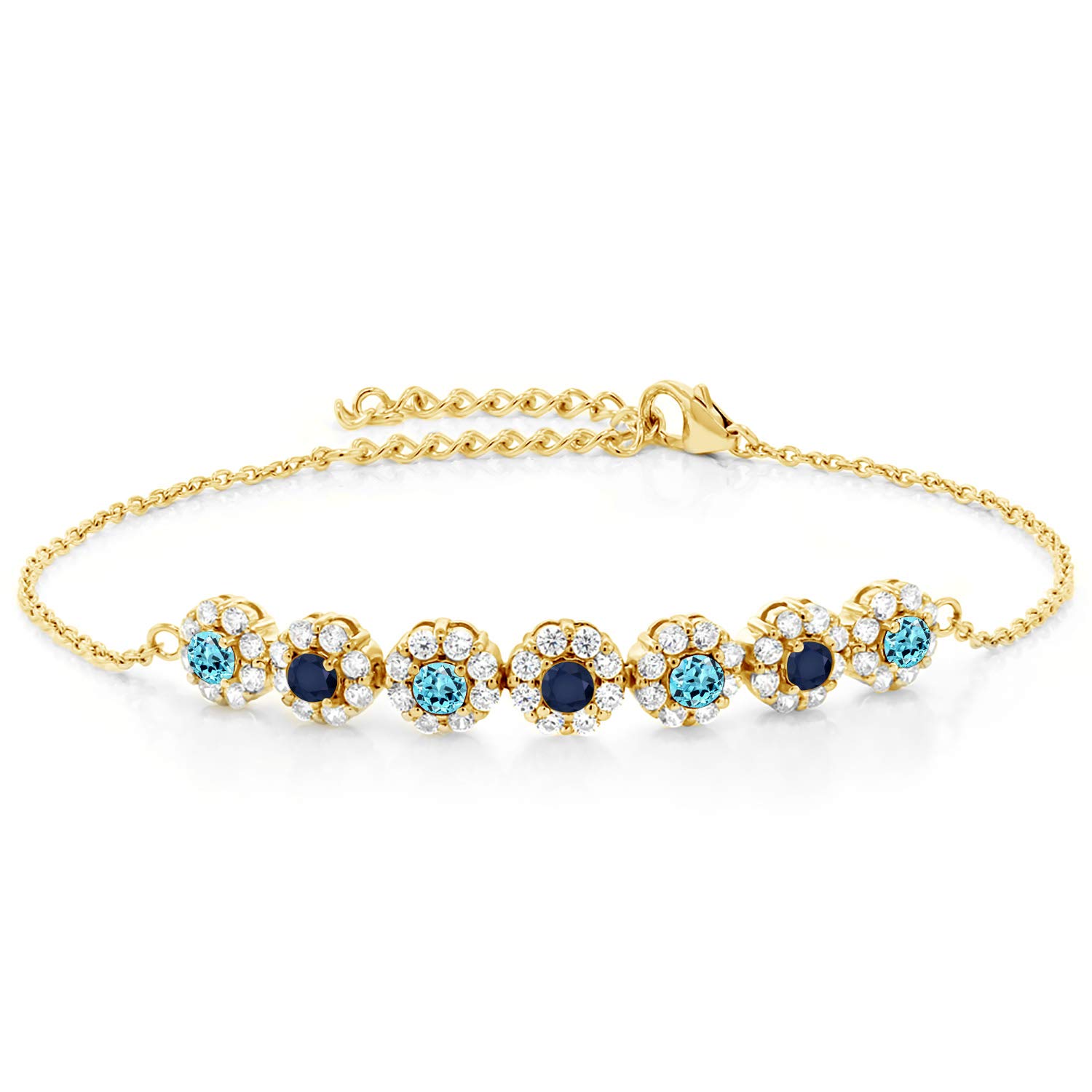2.39 Ct Swiss Blue Topaz & Blue Sapphire 18K Yellow Gold Plated Silver Bracelet for Women - Elegant Gemstone Jewelry Gift for Birthday, Anniversary & Special Occasions