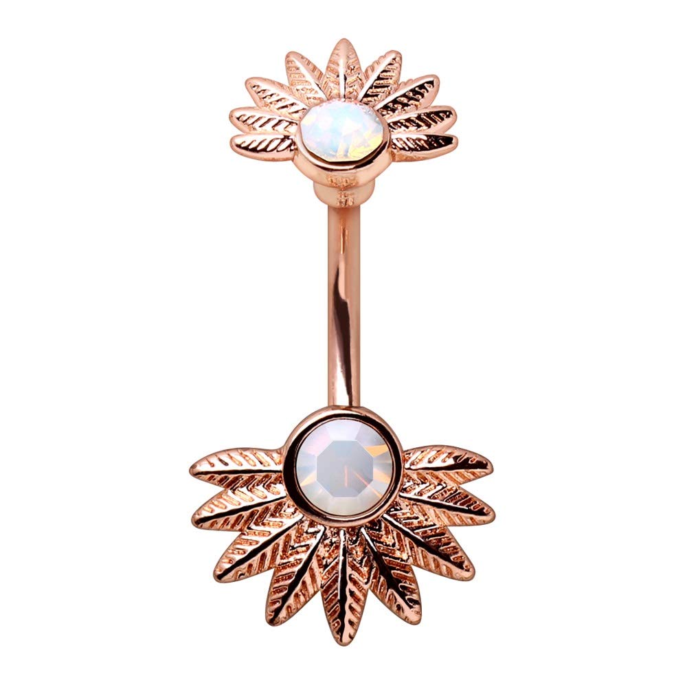 Rose Gold Plated White Synthetic Opal Belly Button Ring - Elegant Palm Leaves Design Body Jewelry for Women, Perfect for Beach Parties, Festivals & Summer Outfits