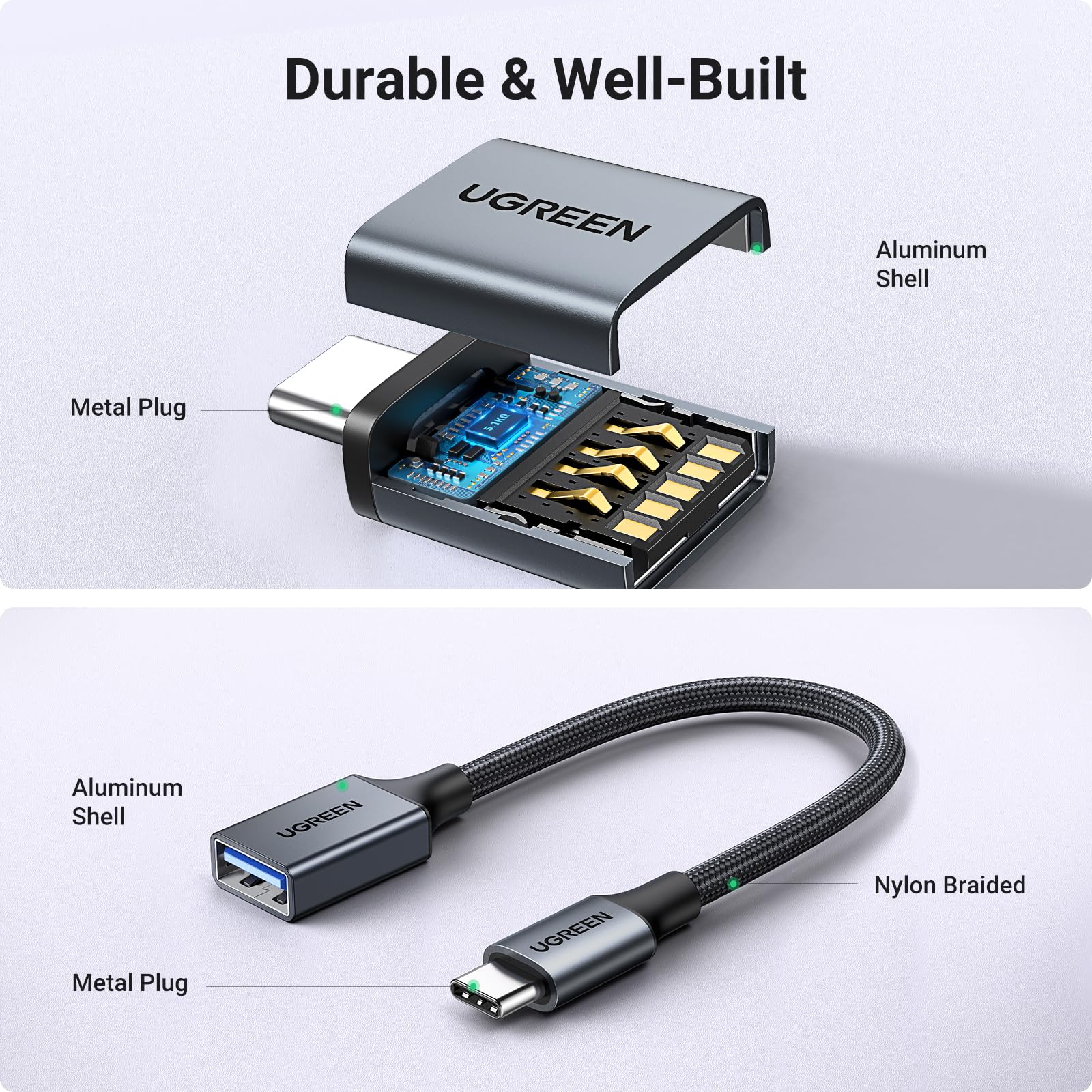 UGREEN 10Gbps USB C to USB Adapter 2 Pack - Aluminum USB 3.2 Type C Male to USB Female OTG Cable - Compatible with iPhone 15/16, MacBook Pro 2023/Air 2022, iPad Pro/Mini - Fast Data Transfer for Phones, Laptops, Tablets (Black)