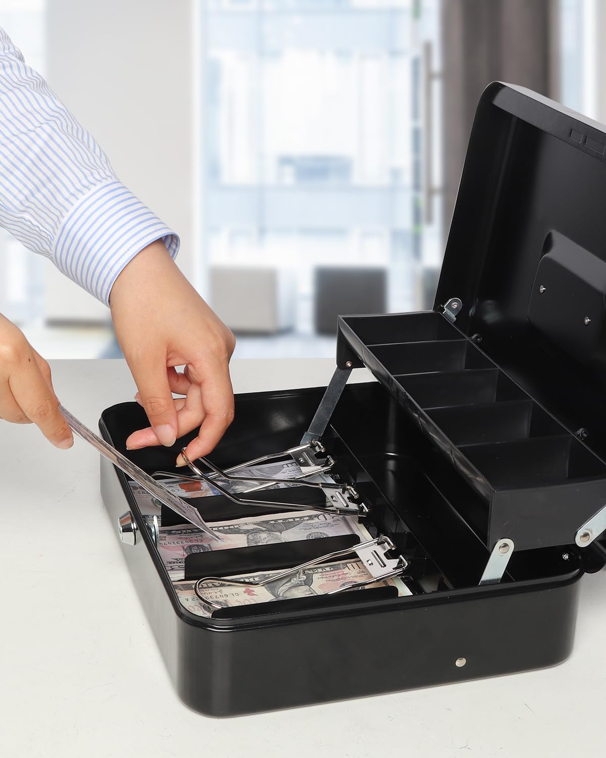 Large Metal Cash Box with Money Tray & Lock - 11.8 x 9.5 x 3.54 Inch Black Lockbox for Secure Money Storage - Perfect for Home, Office, Retail Stores & Small Business Cash Management