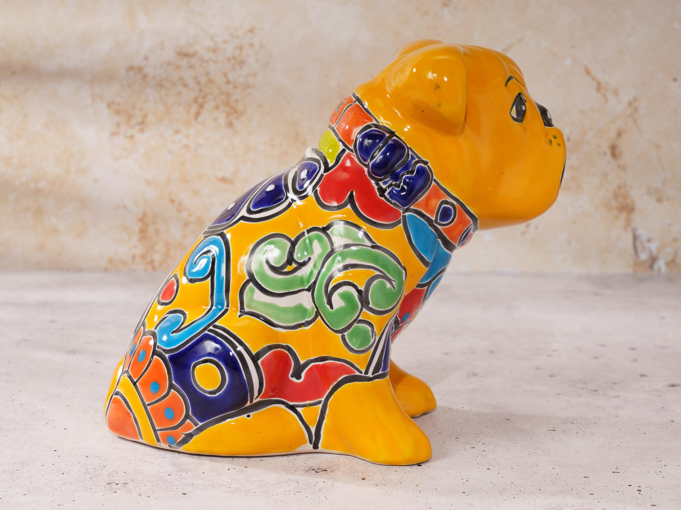 Authentic Talavera Mexican Ceramic Day of The Dead Dog Statue - Día de Muertos Sculpture for Halloween & Garden Decor - Dachshund, Boston Terrier, Chihuahua Puppies Collection (Bulldog Marigold, Medium 8.5