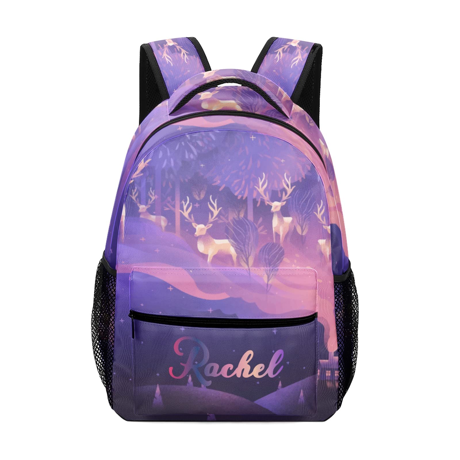 Personalized Purple Deer Elk Fairy Tale Waterproof Backpack for Kids - Cute School Bag with Name Tag for Boys & Girls - Perfect for School, Travel, and Outdoor Adventures