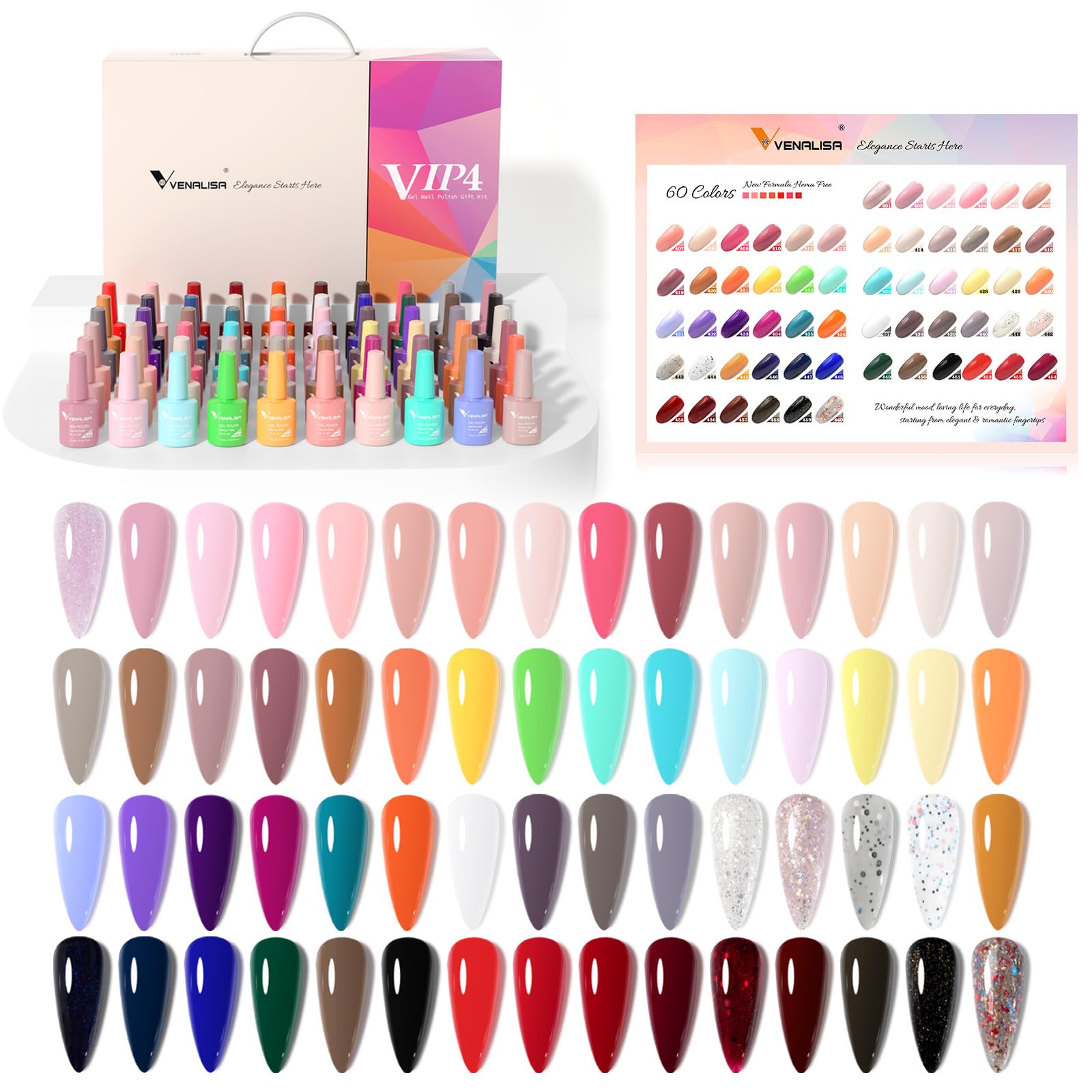VENALISA VIP4 65-Piece Gel Nail Polish Kit with Color Book - Red, Pink, Orange, Green Soak Off UV Gel Polish Set for Salon & DIY Home Manicure | Perfect for Nail Art, Parties, Weddings & Gift Giving