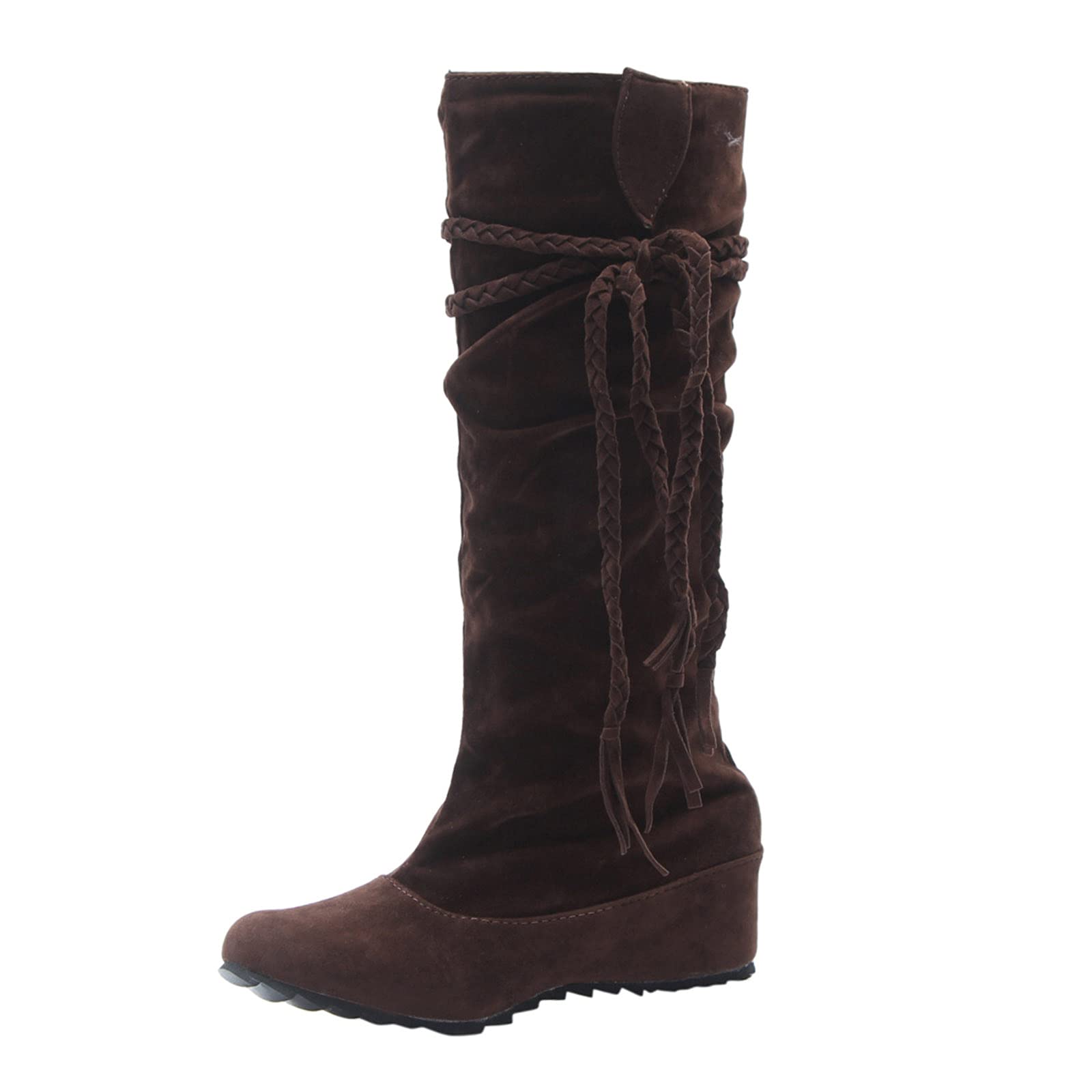 LLXIAO Women's Plus Size Tassel Boots - Round Toe High Heel Ankle Boots with Inner Height Increase for Fall Winter Fashion, Comfortable & Stylish for Casual Outings, Office Wear & Night Out