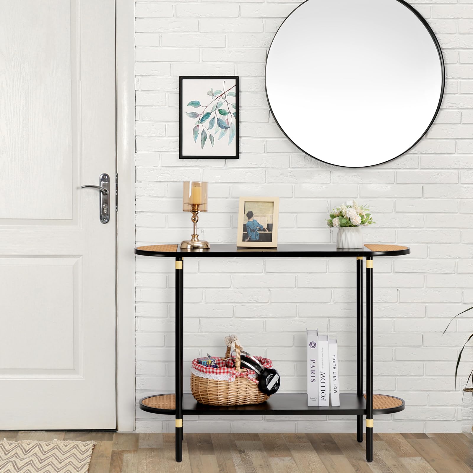 HollyHOME Black Metal Console Table with Rattan Decor - 42.32