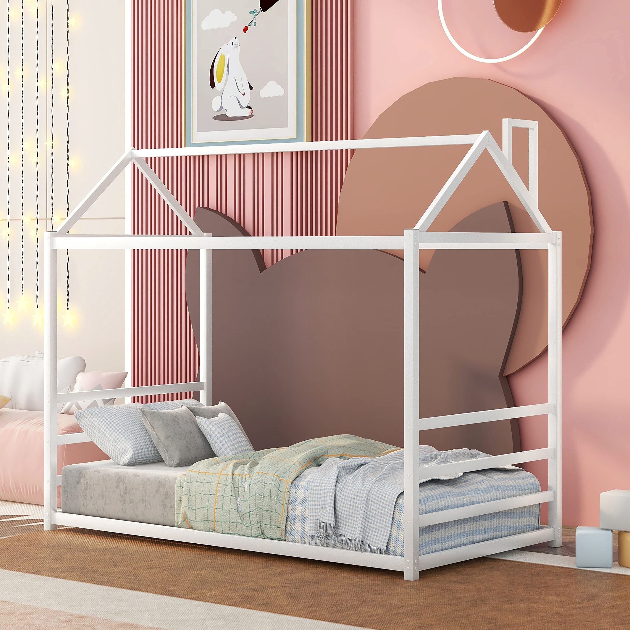 Montessori Twin Size Metal House Bed Frame with Headboard & Footboard - Sturdy Platform Bed for Toddlers, Kids, Boys & Girls - White - Perfect for Montessori Bedrooms, Daycare Centers & Kids' Room Decor
