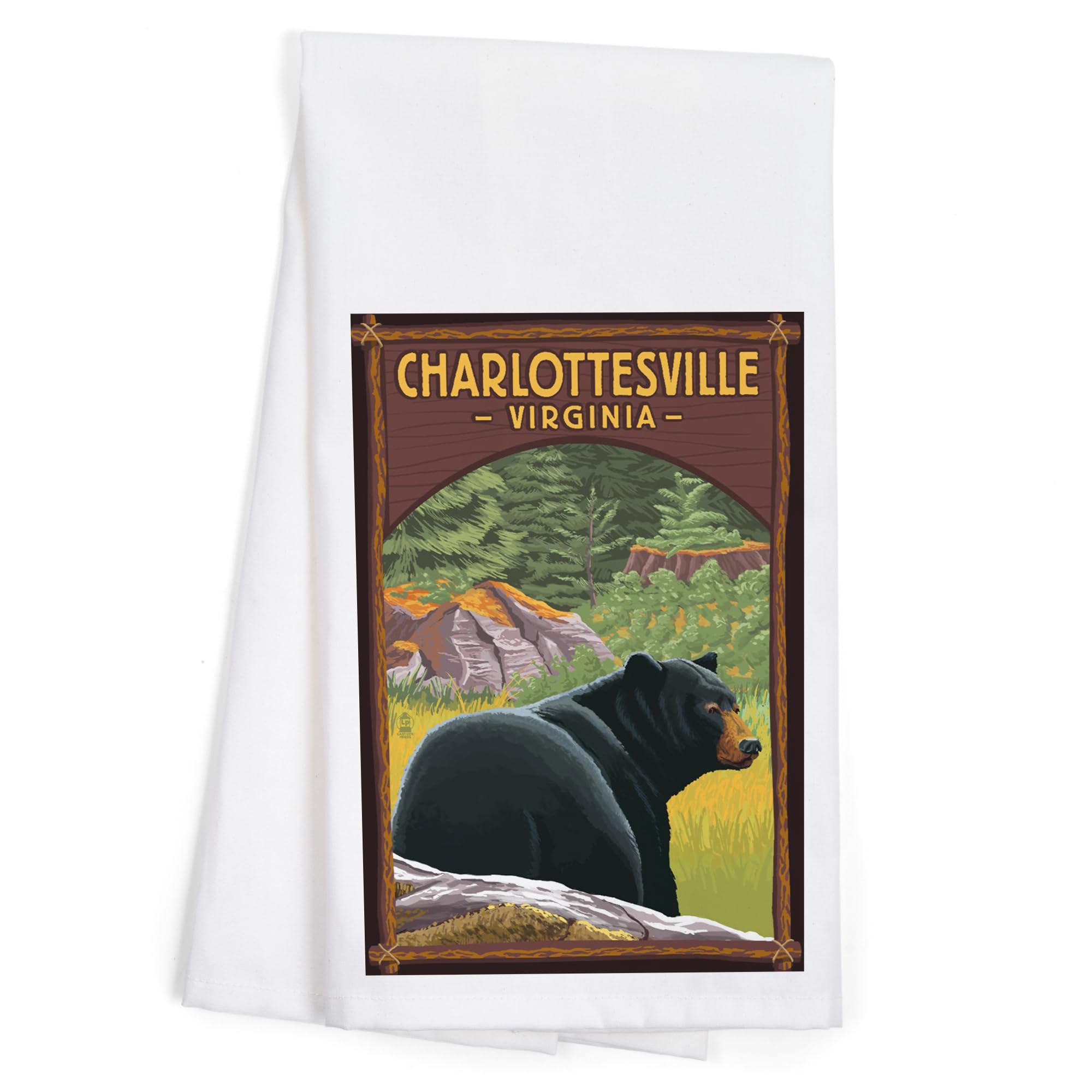 Lantern Press Charlottesville Virginia Black Bear in Forest 100% Cotton Tea Towel - Decorative Kitchen Hand Towel for Home Decor & Dish Drying - Perfect for Rustic Cabins, Farmhouse Kitchens & Nature Lover Gifts