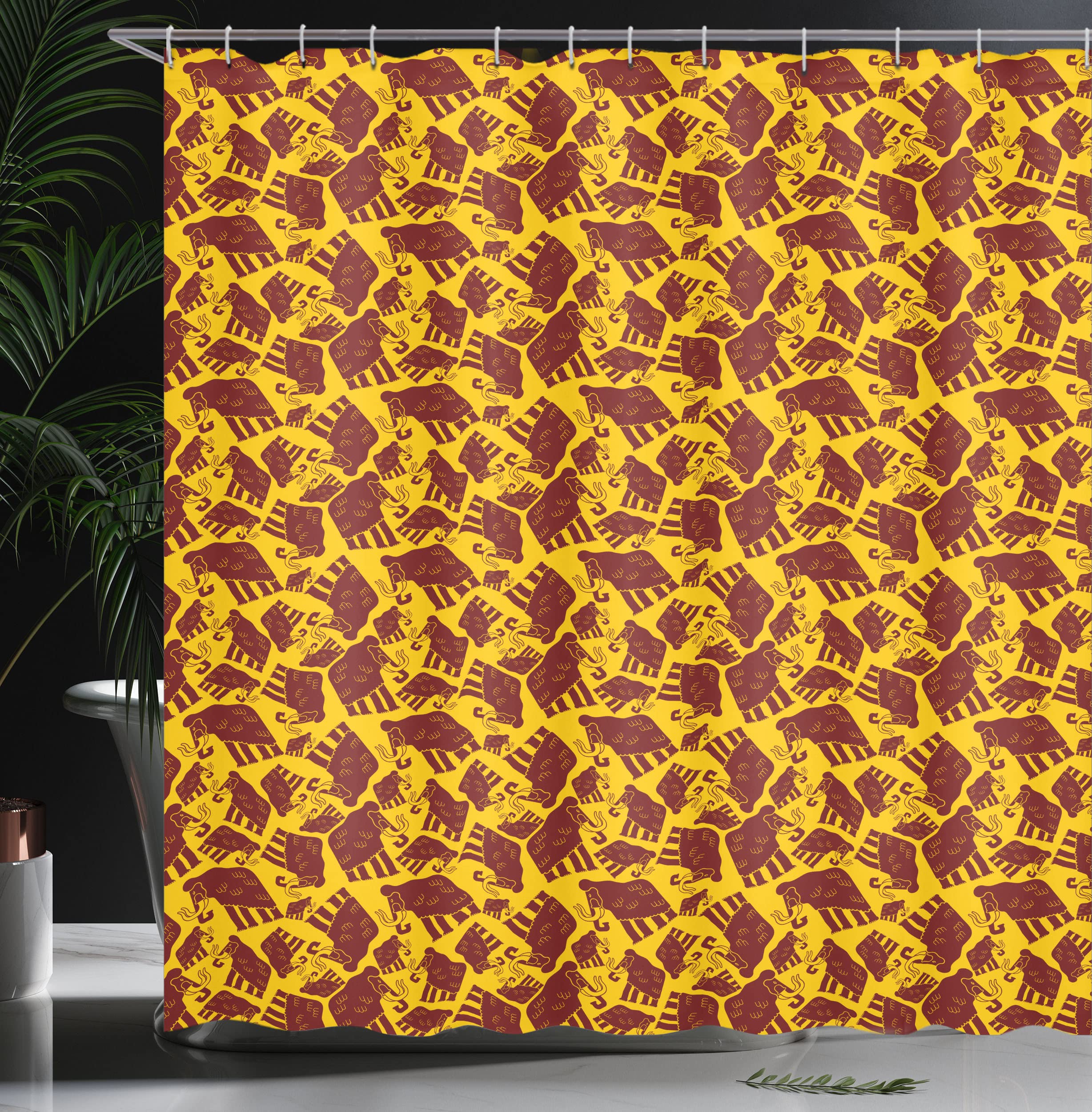 Ambesonne Prehistoric Animal Shower Curtain - Jurassic Mammoth Print Fabric Bathroom Decor with Hooks, 69x84 Inches, Earth Yellow & Burgundy - Perfect for Dinosaur Themed Bathrooms & Kids' Room Decor