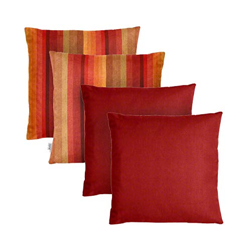 RSH DECOR: Set of 4 Square Throw Pillows 17x17 Inches - Sunbrella Performance Fabric Outdoor Cushions - Waterproof & Fade Resistant Patio Decor for Sofa, Chair, Porch - Astoria Sunset & Canvas Jockey Red - Perfect for Outdoor Living Spaces, Garden Furniture & Poolside Lounging