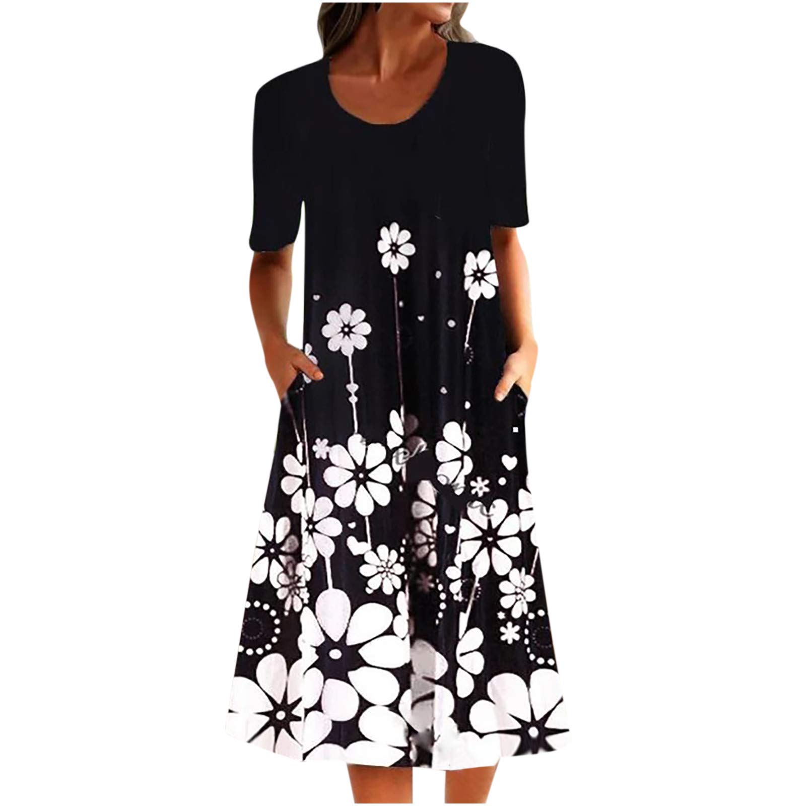 Women's Summer Tunic Dress - Vintage Printed Short Sleeve Crew Neck T-Shirt Dress - Casual Flowy Shift Dress for Beach, Vacation & Everyday Wear