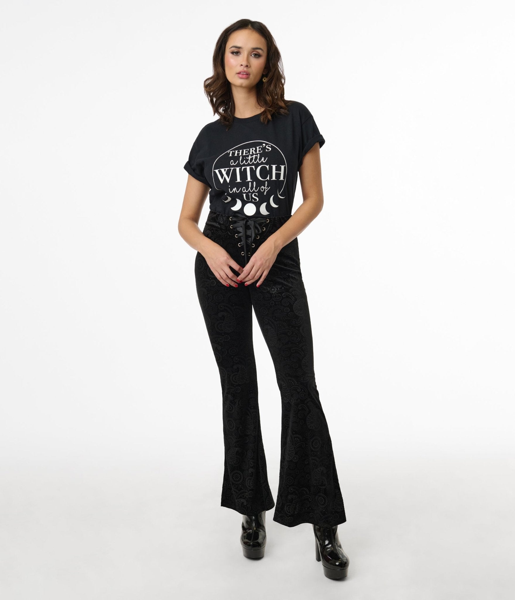 1970s Black Burnout Velvet Flare Pants with Lace-Up Detail - Vintage Retro Hippie Style for Women | Perfect for Music Festivals, Parties & Boho Fashion Outfits