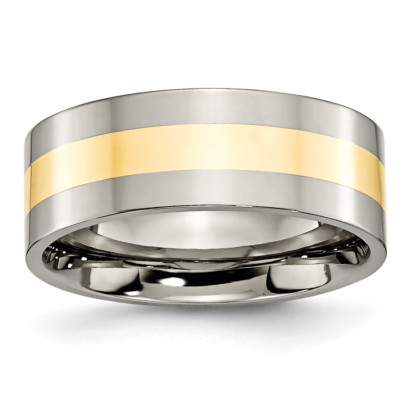 8mm Polished Titanium & 14K Yellow Gold Inlay Flat Edge Wedding Band Ring for Men - Perfect for Engagement, Anniversary & Everyday Wear