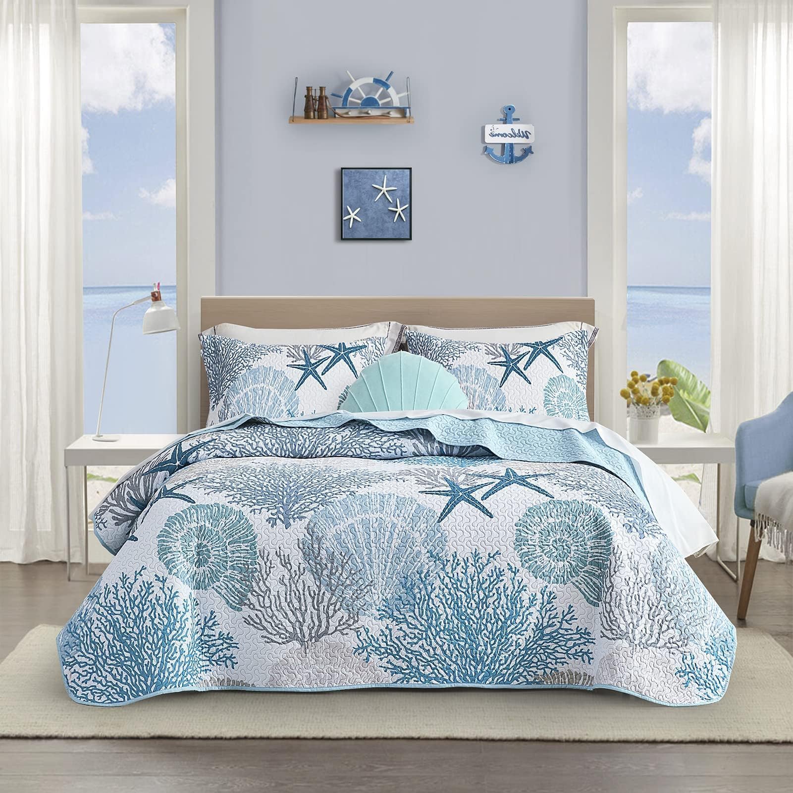 Tritard 3-Piece Coastal Quilt Set Full/Queen Size - Reversible Microfiber Bedding with 2 Shams | Soft Lightweight Beach Quilt | Nautical Bedspread Coverlet for Summer & All Seasons | 90''x96'' | Perfect for Beach House, Guest Room & Coastal-Themed Bedrooms (Style C1)