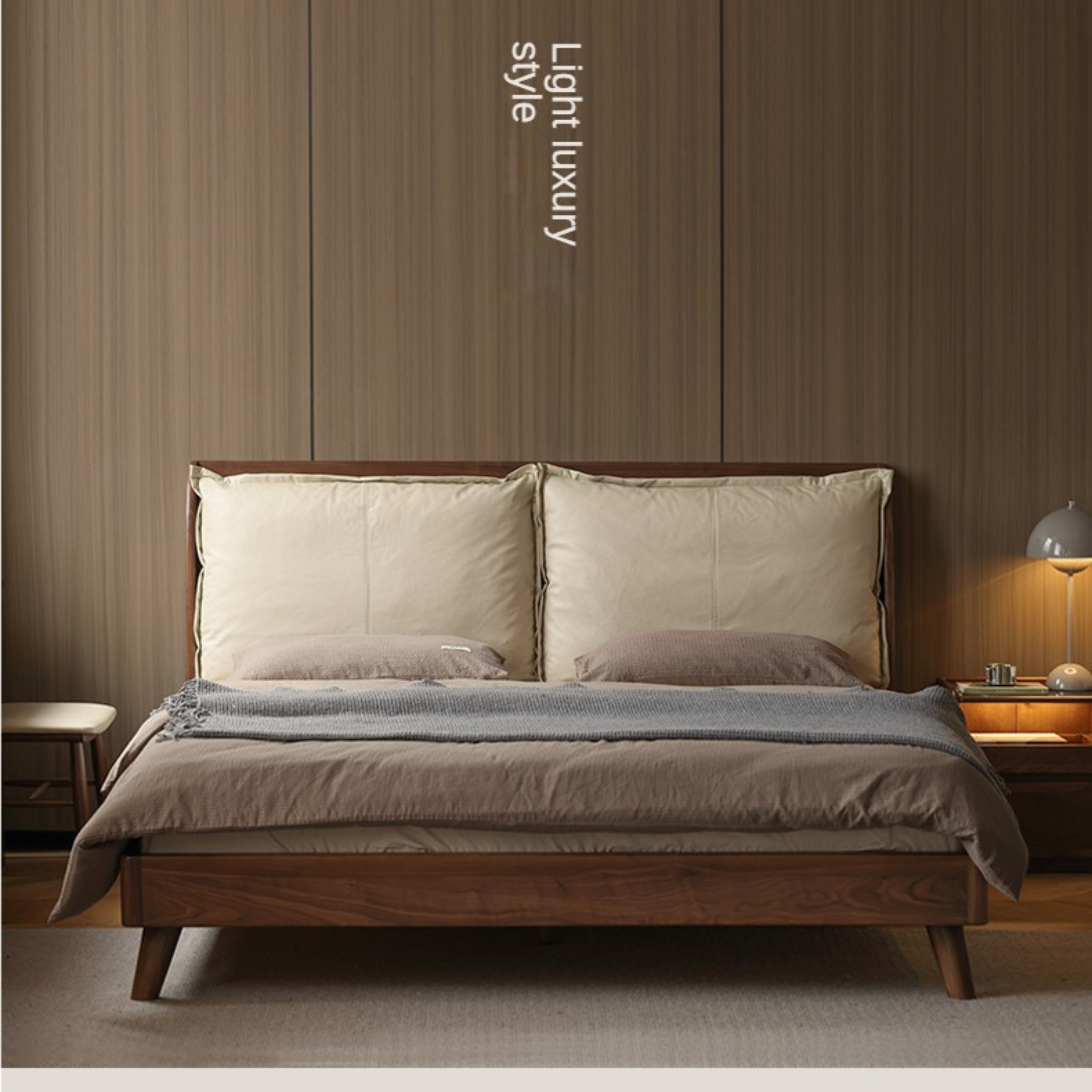 Premium Black Walnut Solid Wood Leather & Tech Fabric Bed Frame - Modern Platform Bed for Master Bedroom, Guest Room & Dormitory