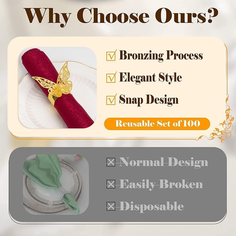 100 Pcs Gold Laser Cut Butterfly Napkin Rings - Elegant Foil Paper Napkin Holders for Wedding, Party & Restaurant Table Decorations - Perfect for Bridal Showers, Anniversary Dinners & Fine Dining Events