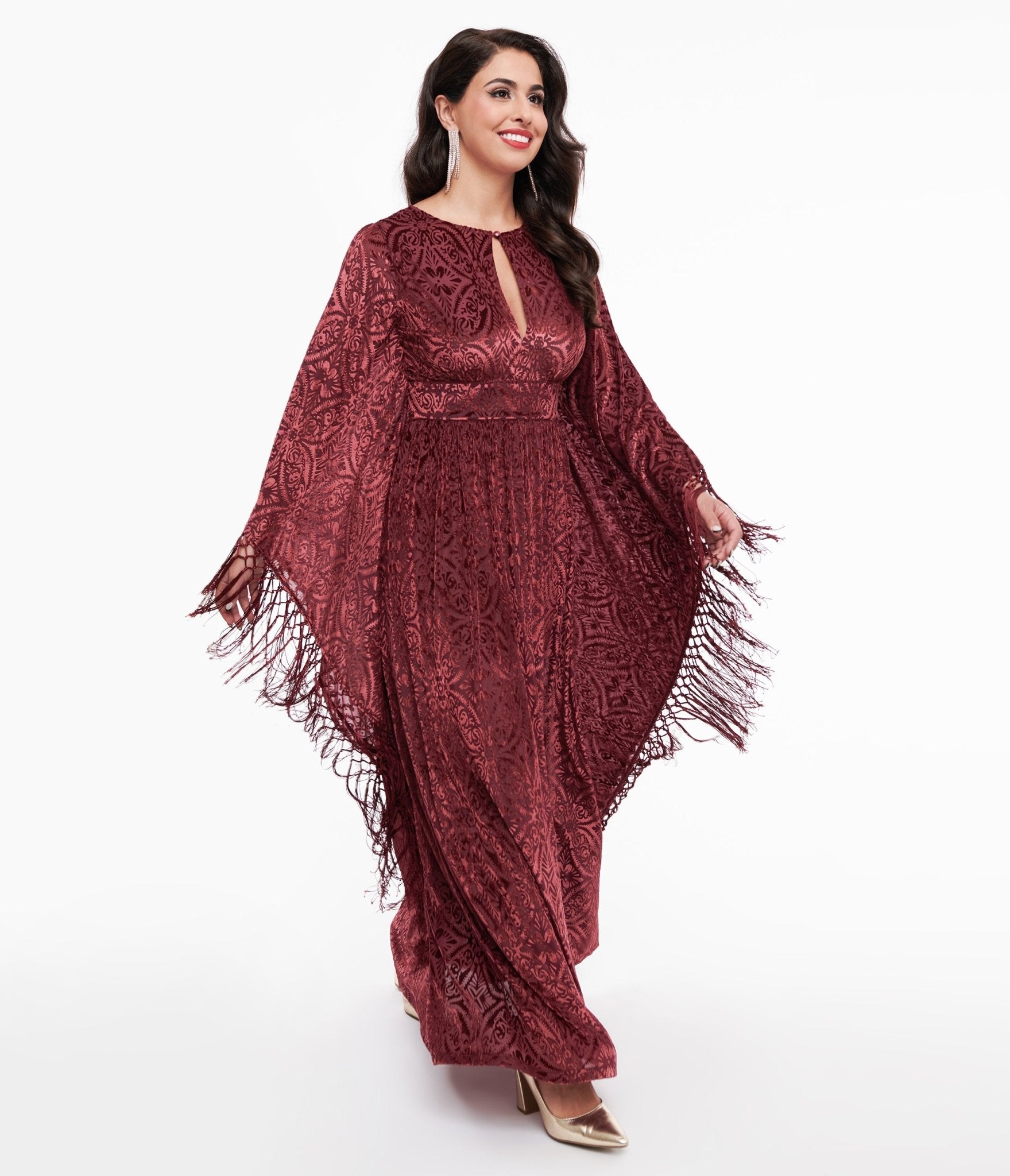Vintage 1960s Burgundy Velvet Burnout Caftan Dress - Retro Bohemian Maxi Dress for Women - Perfect for Parties, Weddings & Special Occasions