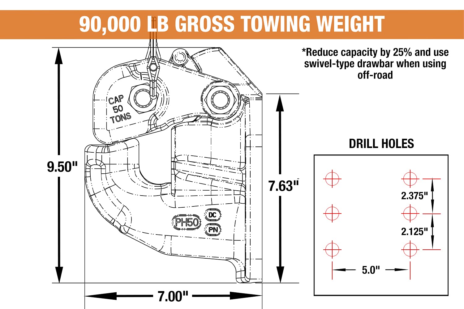 Buyers Products PH50AC 50 Ton Capacity Air Compensated Pintle Hook - Heavy Duty 6-Hole Mount with Air Chamber Plunger for Semi Trucks, Trailers & Towing Equipment | Ideal for Commercial Hauling, Construction & Off-Road Applications