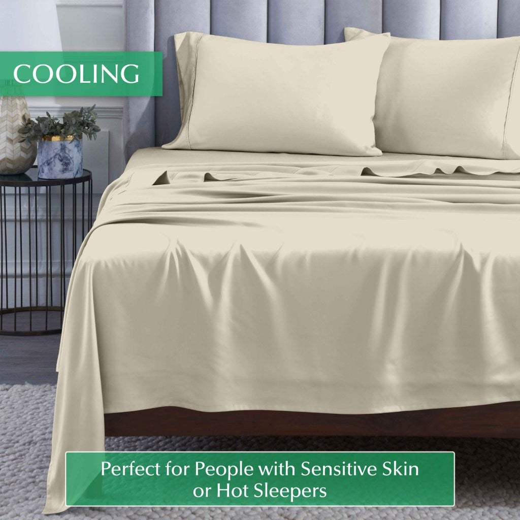 300 Thread Count Rayon From Bamboo Solid Deep Pocket Sheet Set - Ultra Soft & Breathable Bed Sheets for Queen Size Mattress - Perfect for All-Season Comfort & Luxury Bedroom Decor