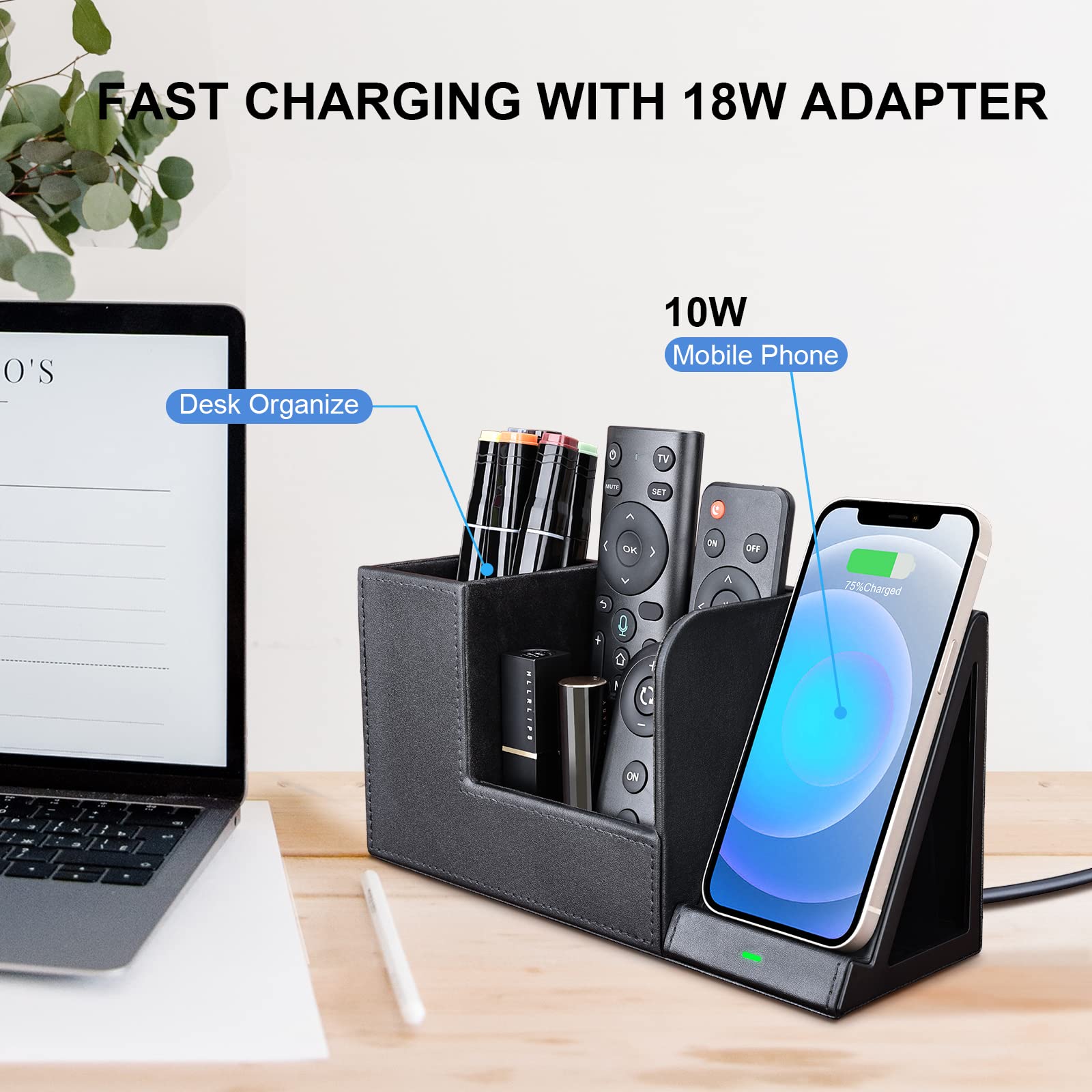 10W Fast Wireless Charger Desk Organizer - Qi-Certified Charging Station for Samsung Galaxy S23/S22/S21/Note 20/Note 10 & iPhone 14/14 Pro/13/12 - Premium Leather Stand with LED Indicator - Perfect for Office, Bedroom and Nightstand Charging