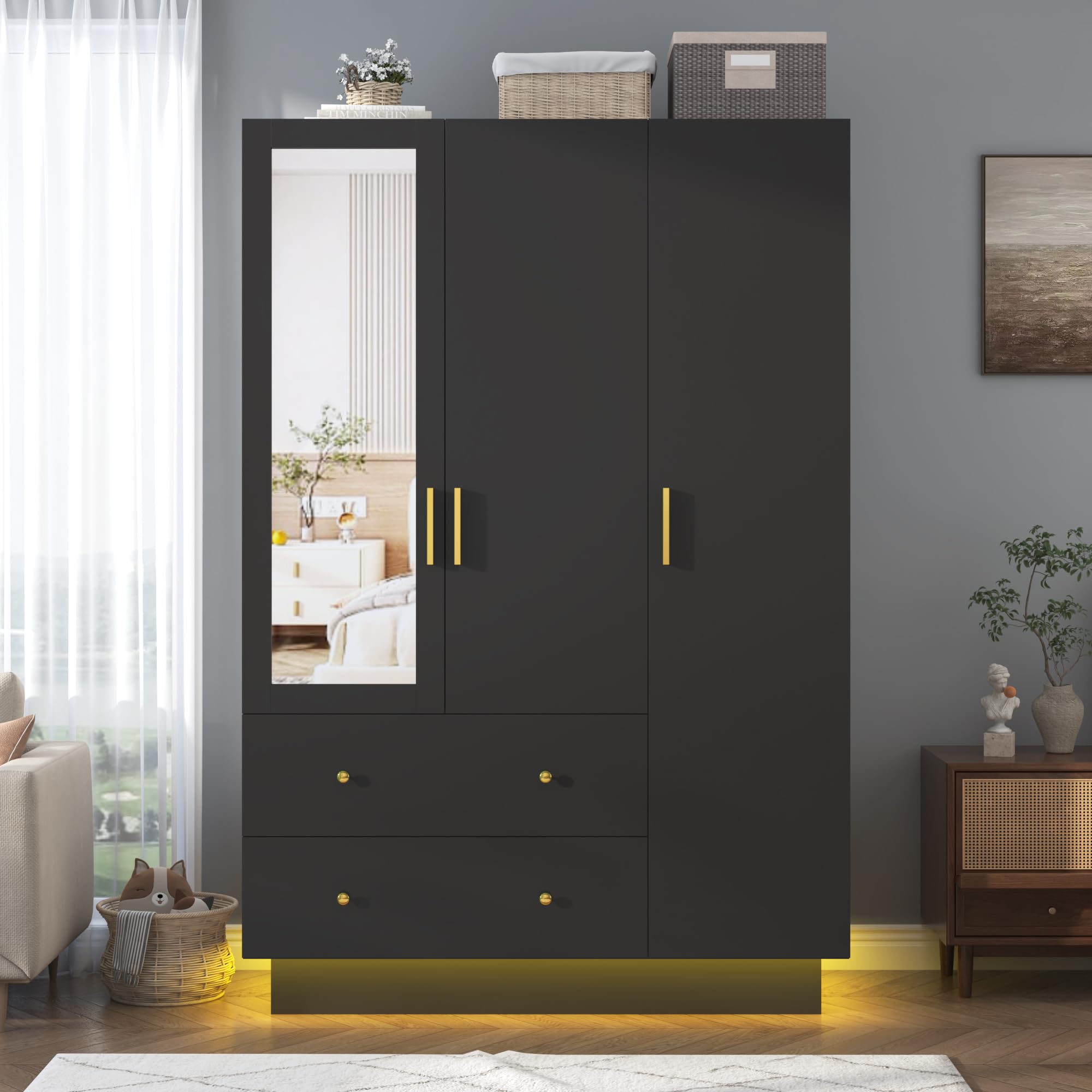 3-Door Armoire Wardrobe Closet with Full-Length Mirror & LED Lighting - Wooden Storage Cabinet with Drawers, Hanging Rod & Adjustable Shelves - Perfect for Bedroom, Closet Organization & Home Decor (Black)