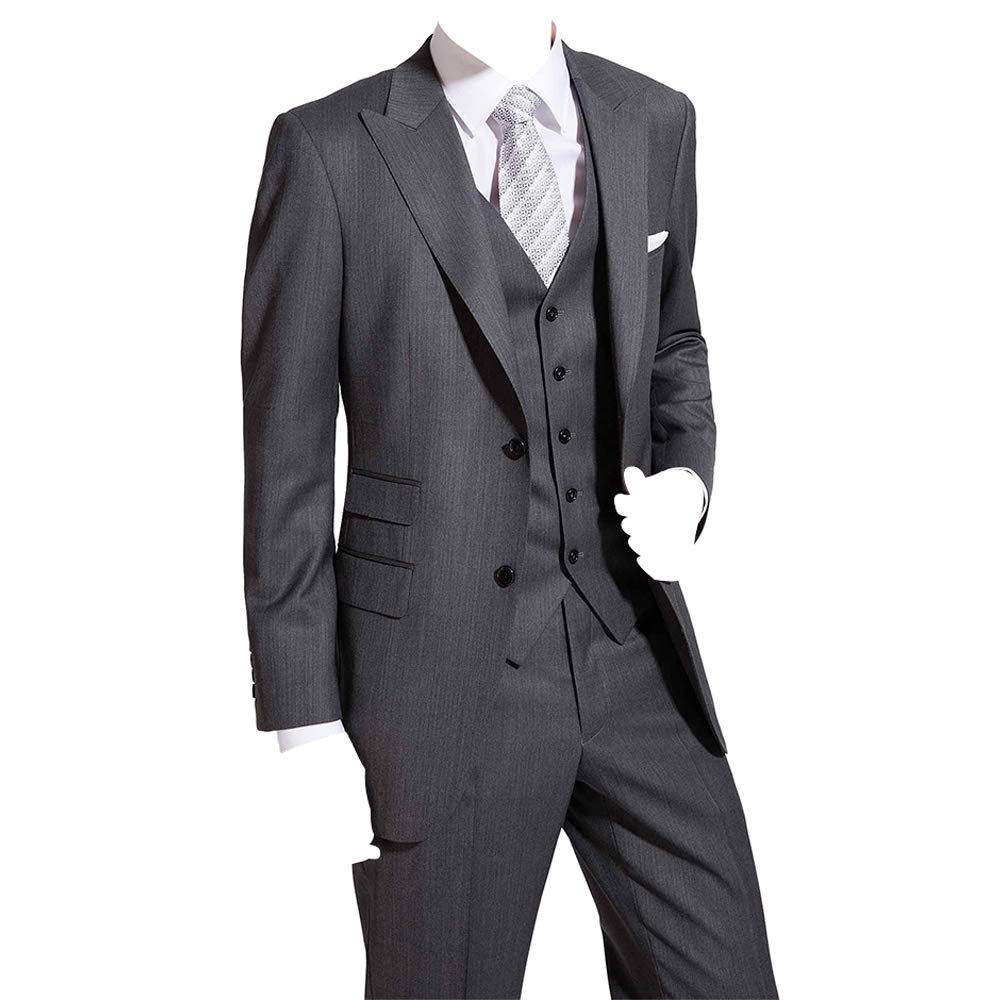HBDesign Men's 3-Piece Slim Fit Suit Set - Dark Grey Formal Business Suit with Peak Lapel | 2-Button Jacket, Dress Pants & Vest | Perfect for Weddings, Business Meetings, Prom & Special Occasions | Office Wear, Groom Attire & Professional Events