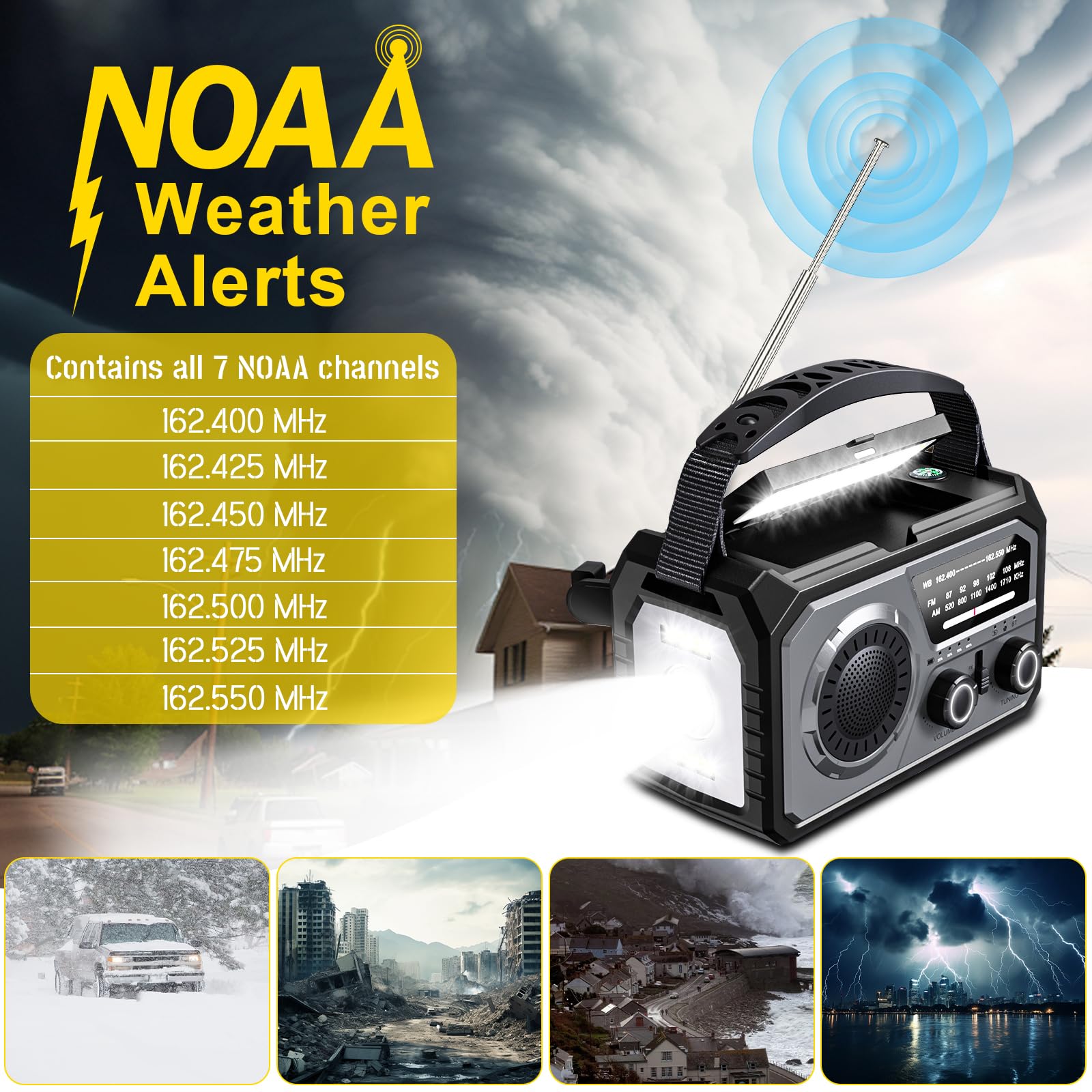 59200mWh Solar Emergency Radio - 16000mAh Portable NOAA Weather Radio with Hand Crank, USB Charger, SOS Alarm, Flashlight & Reading Lamp for Outdoor Camping, Hiking, Storms and Emergency Survival Kits