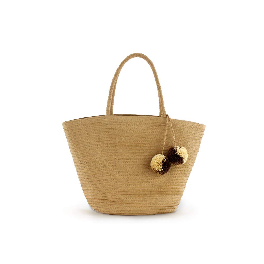 Women's Handwoven Straw Beach Tote Bag - Large Summer Shoulder Bag with Pom Pom Decor in Khaki | Perfect for Beach Vacations, Picnics & Poolside Lounging
