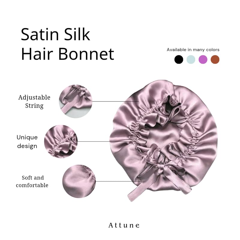 Attune® Reversible Silk Satin Hair Bonnet with Adjustable Tie Band - Includes Scalp Massager Shampoo Brush & Scrunchies (Purple) | Sleep Protection for Natural Hair, Curly Hair & Protective Styles