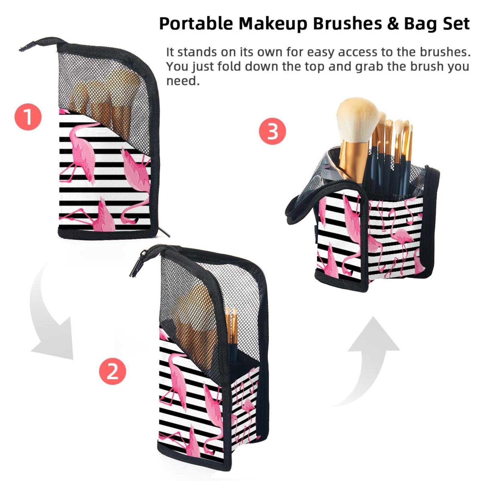 Premium 12-Slot Makeup Brush Organizer Bag - Pink Flamingo & Black Stripes Design, Portable Cosmetic Brush Holder Case for Travel & Home Storage | Perfect for Makeup Artists & Beauty Enthusiasts