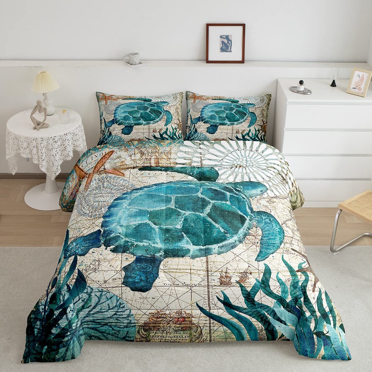 Turquoise Ocean Themed Turtle Comforter Set - Full Size Duvet Cover with 2 Pillowcases | Mediterranean Style Printed Design | Soft Quilted Down Alternative Bedding | Perfect for Beach House, Kids Room or Coastal Decor