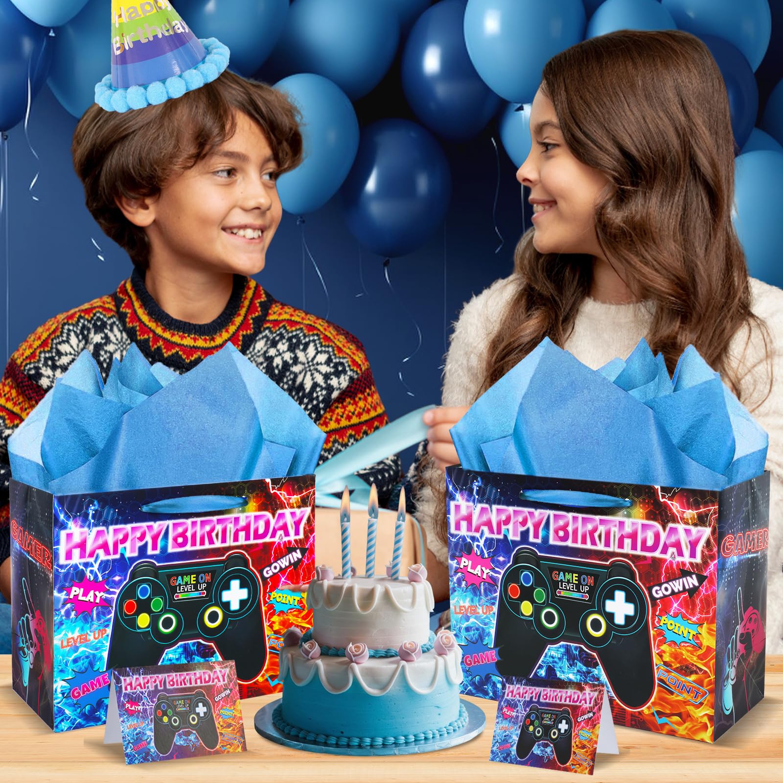 Video Game Themed Birthday Party Decorations - 12 Pack Gaming Favor Bags with Happy Birthday Tissue Paper & Greeting Cards for Boys & Girls | Perfect for Gamer Birthday Parties, Christmas Celebrations & Gaming Events