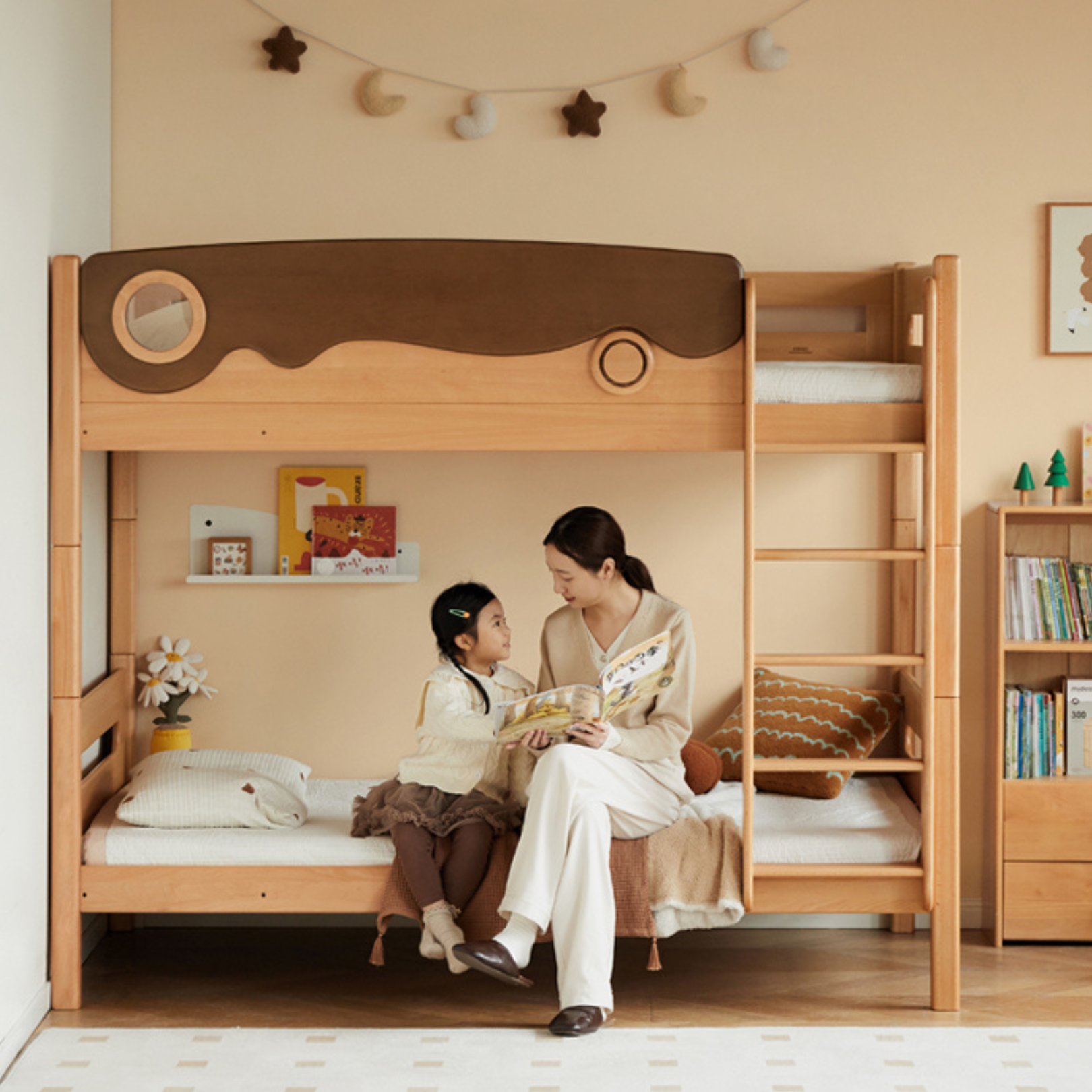 Solid Beech Wood Bunk Bed with Guardrails - Sturdy & Safe for Kids' Bedroom, Dormitory, or Guest Room