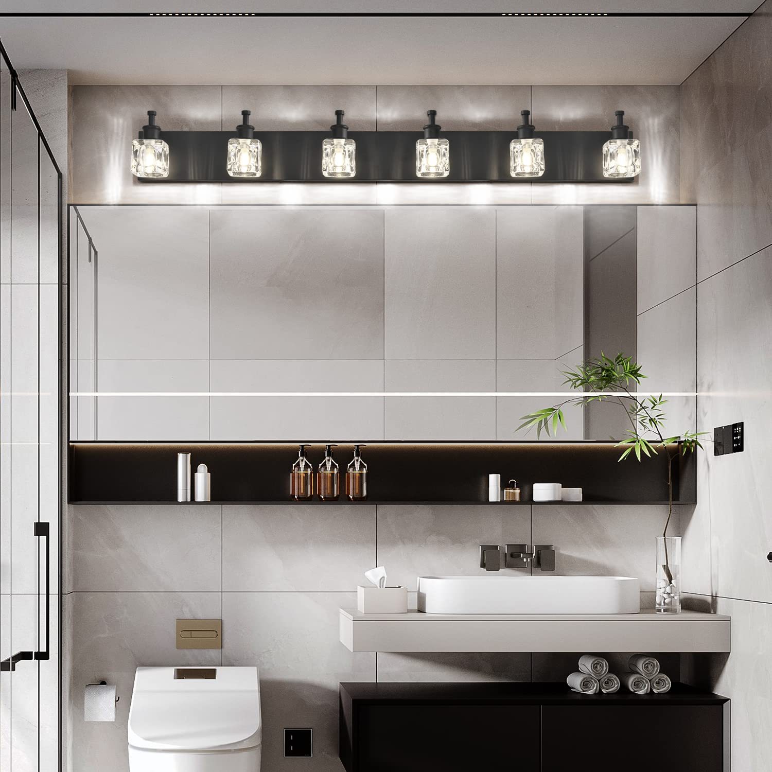 PRESDE Modern Crystal Black 6-Light Bathroom Vanity Lighting Fixture - Elegant Wall Sconce for Mirror Lighting (Bulbs Not Included) | Perfect for Bathroom Makeover, Spa-Like Ambiance & Modern Home Decor