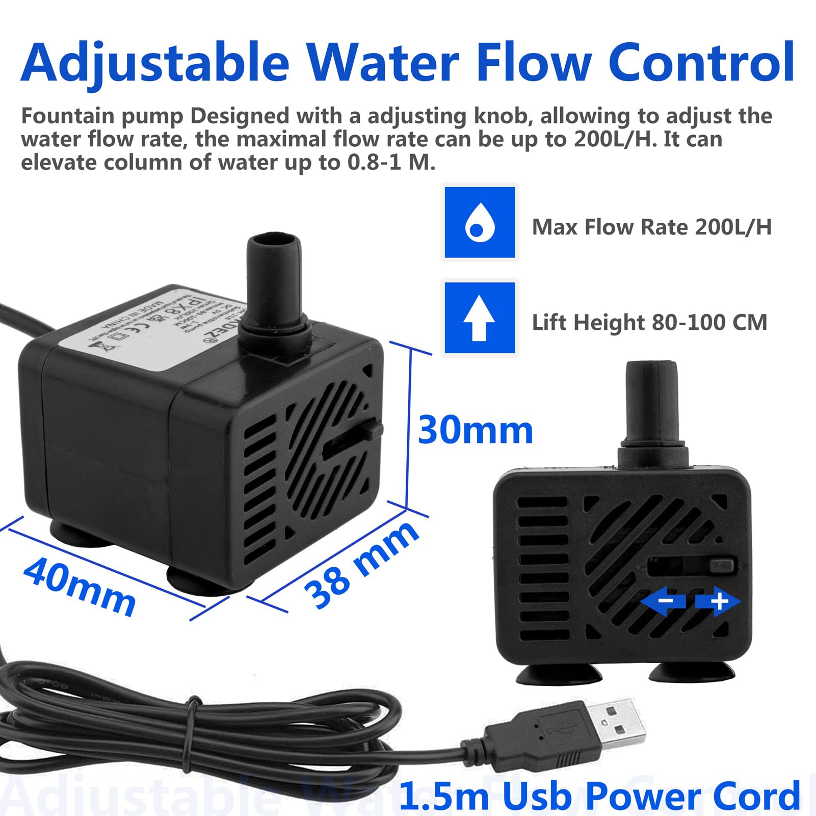 5V USB Mini Submersible Water Pump - Ultra Quiet Adjustable 200L/H DC Water Pump for Pet Fountains, Aquariums, Hydroponics | Indoor & Outdoor Use in Fish Tanks, Ponds, Garden Irrigation