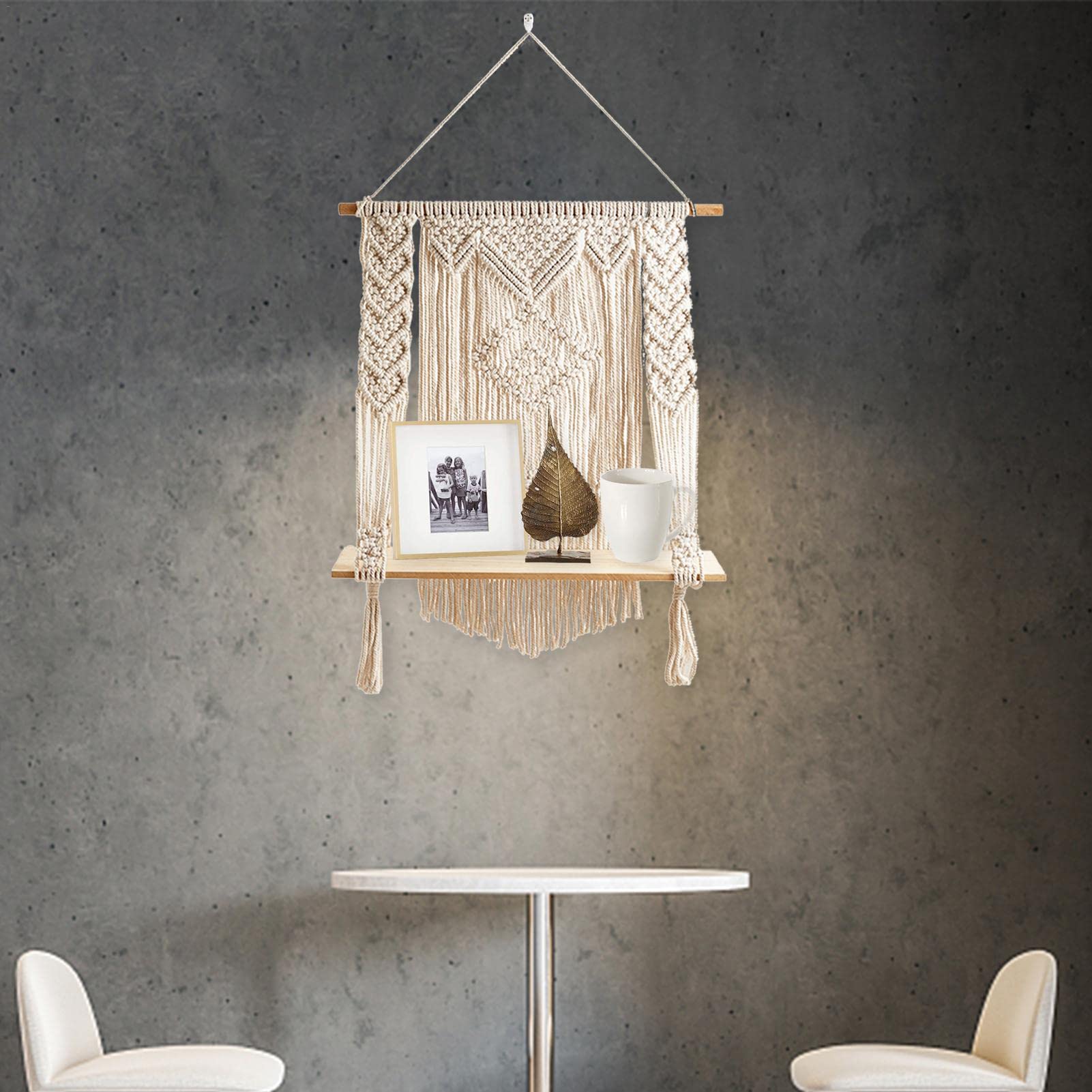 MGUOTP 3-Piece Macrame Wall Shelf Set - Bohemian Woven Wood Floating Shelves with Tassels | Handmade Home Decor for Bedroom, Living Room & Office Organization | Beige Wall Hanging Art Display (10 Pcs)