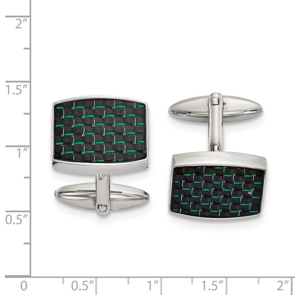 Premium Stainless Steel Cufflinks with Black & Green Carbon Fiber Inlay - Polished Finish for Men's Formal Wear, Business Attire & Special Occasions