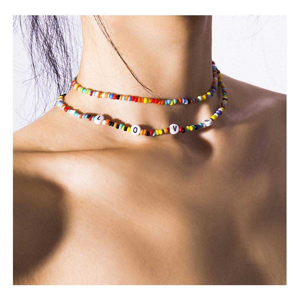 Fstrend Boho Seed Beads Layered Choker Necklace - Colorful Pendant Chain Jewelry for Women & Girls | Perfect for Summer, Beach, Hawaiian Vacations & Festival Outfits